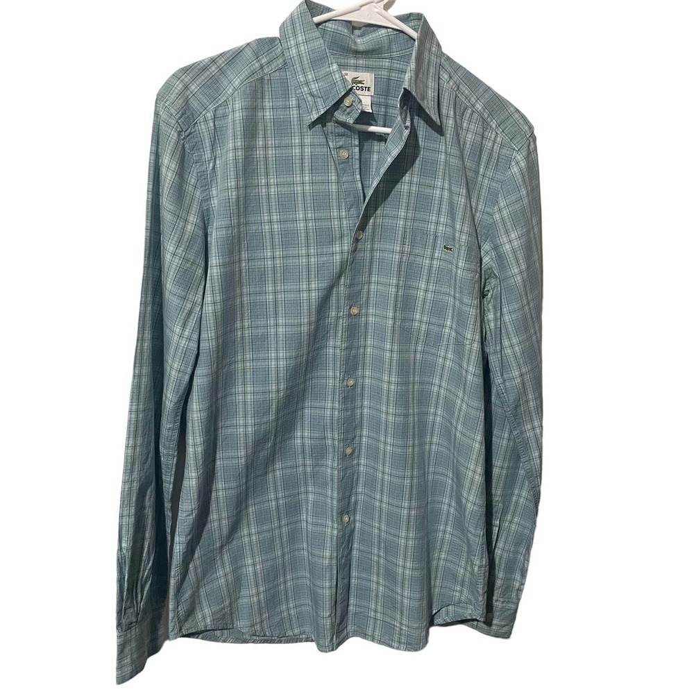 LACOSTE Blue & White Plaid Lightweight 100% Cotton Long Sleeve Button Down Top